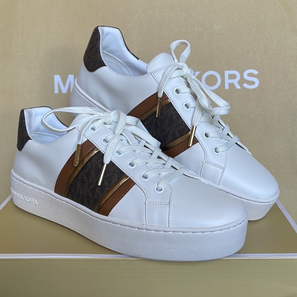 Michael Kors Poppy Stripe Lace Up Nappa Faux Leather WMNS Optic White/Brown - Picture 5 of 16